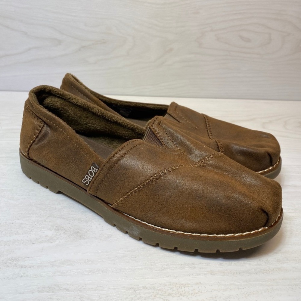 BOBS Women 7 Flats Slip On Loafer Brown Textile Faux Fur Memory Foam 113352